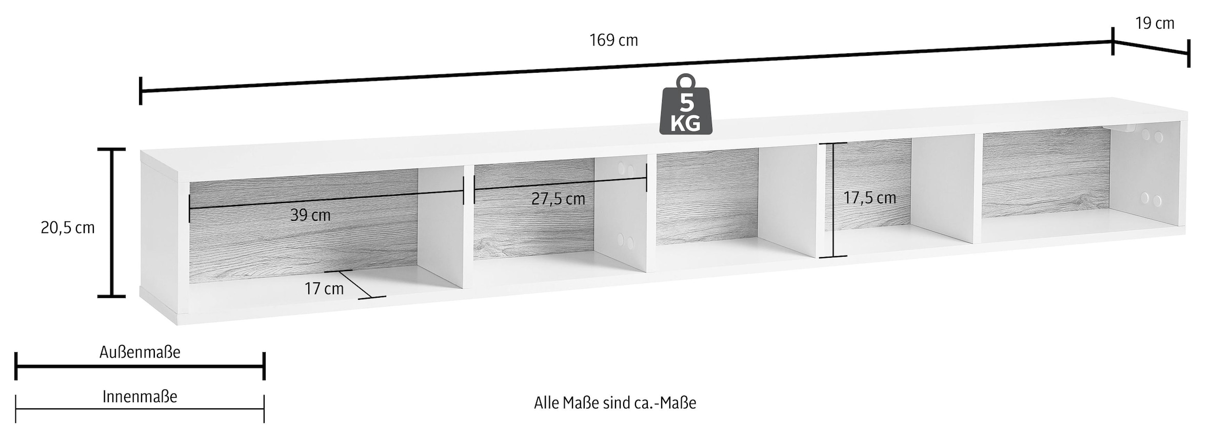 INOSIGN Wandregal »Toledo,Breite 169 cm stilvolle Deko-Wandregal« Wandregal mit 5 Fächern, viel Stauraum, Masse 169/20,5/19 (B/H/T)