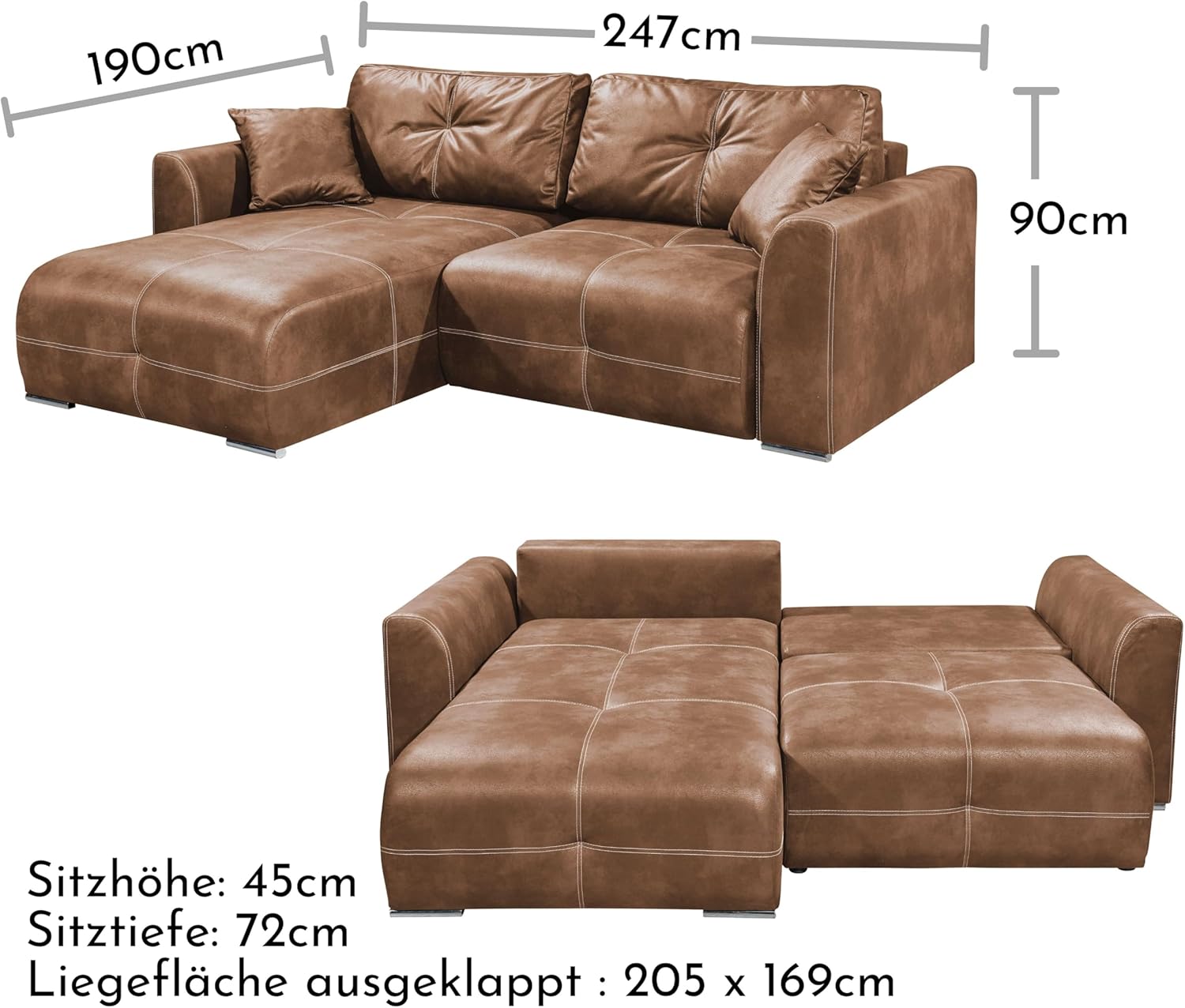 DOLAN Ecksofa mit Schlaffunktion in Lederoptik, Hellbraun - Moderne Eckcouch in L-Form mit Bettkasten - 247 x 90 (70) x 190 cm (B/H/T)