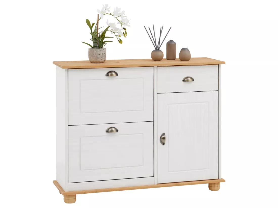 Meuble à chaussures COLMAR armoire rangement avec 2 abattants 1 tiroir et 1 porte avec 1 étagère, en pin massif lasuré blanc et brun