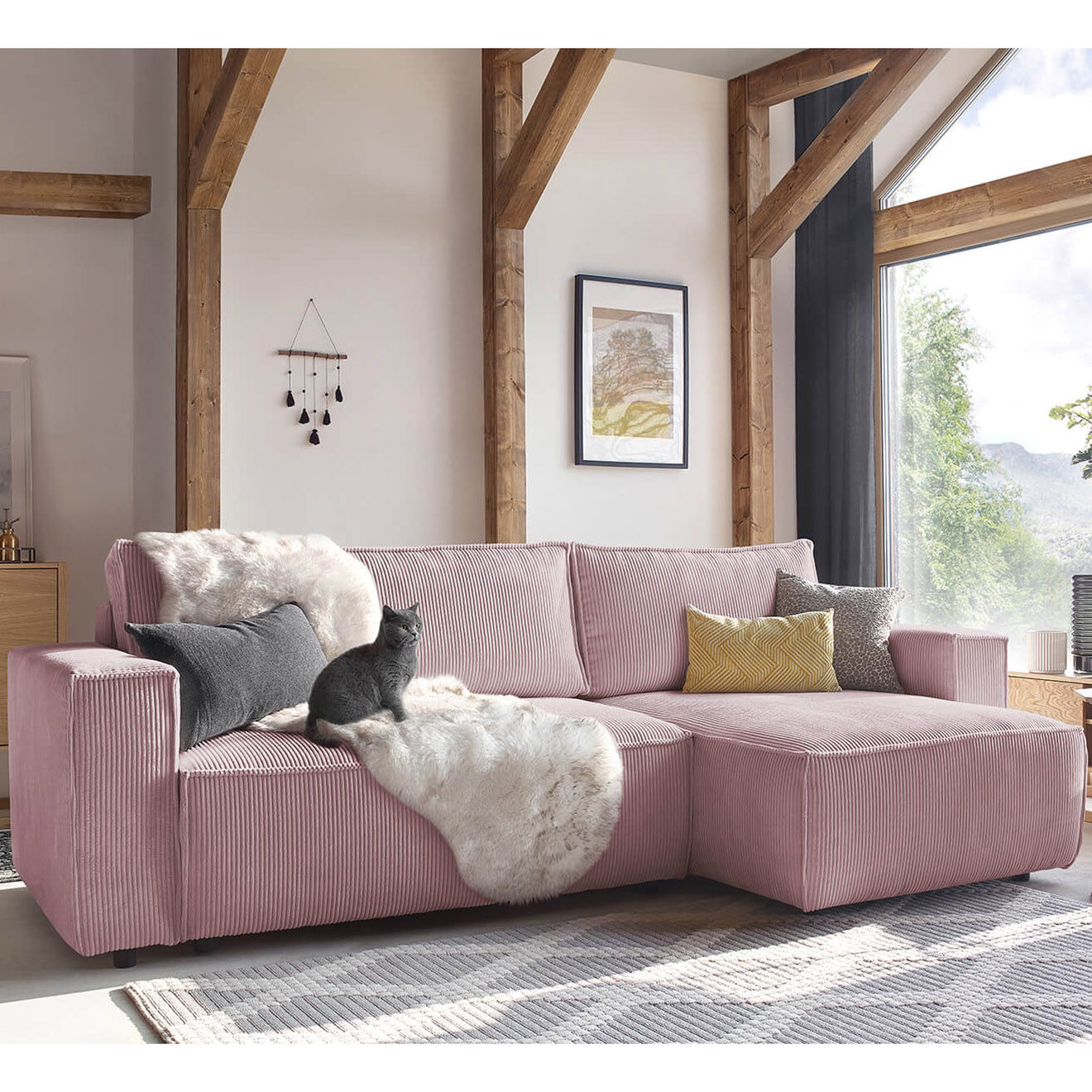 Bobochic Canapé d'angle convertible reversible Nihad en velours côtelé violet - 282x153 cm