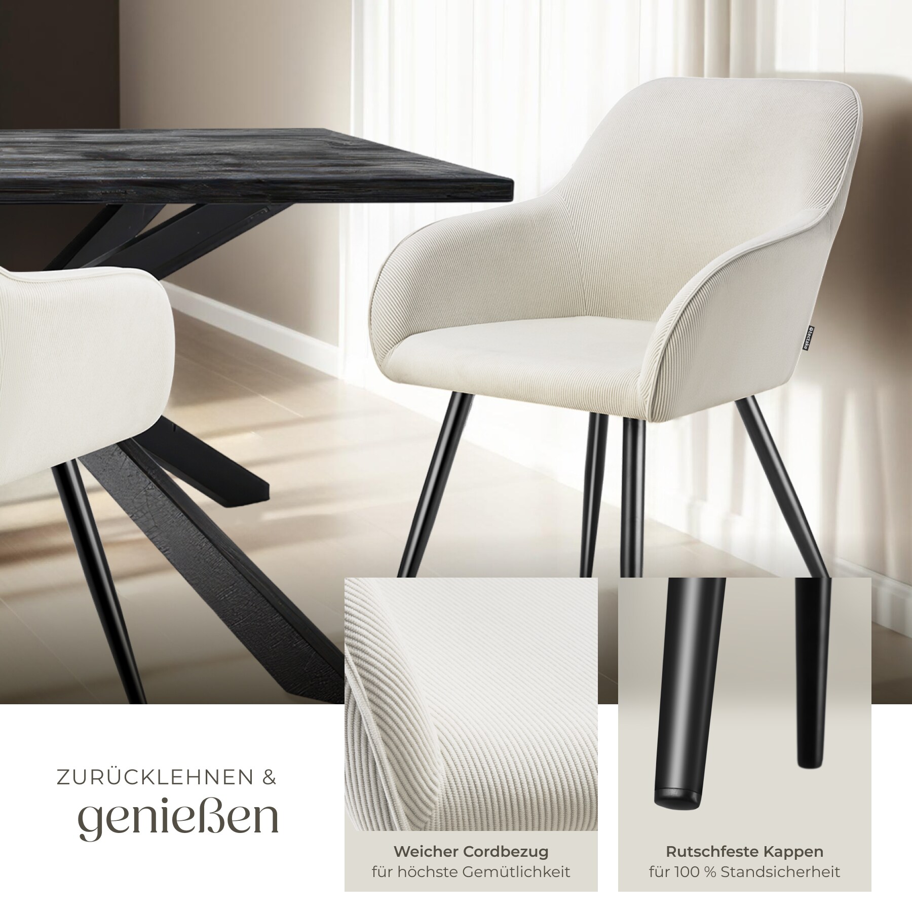 tectake® Esszimmerstuhl, gepolstert, in Cordoptik, robuste Stahlbeine, 58 x 62 x 82 cm