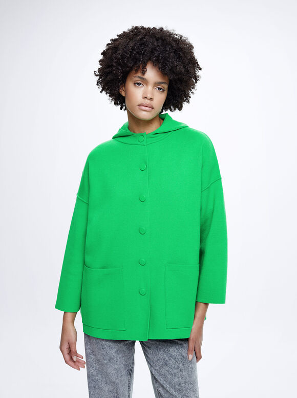 Poncho de tricô com capuz - Verde