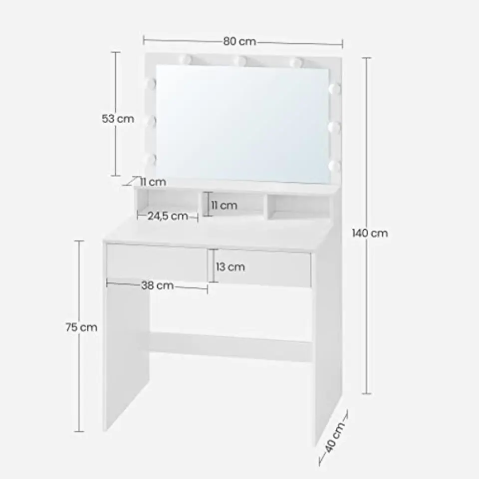 Vasagle Kaptafel met 9 LED lampen, spiegel, 2 laden, 3 open vakken