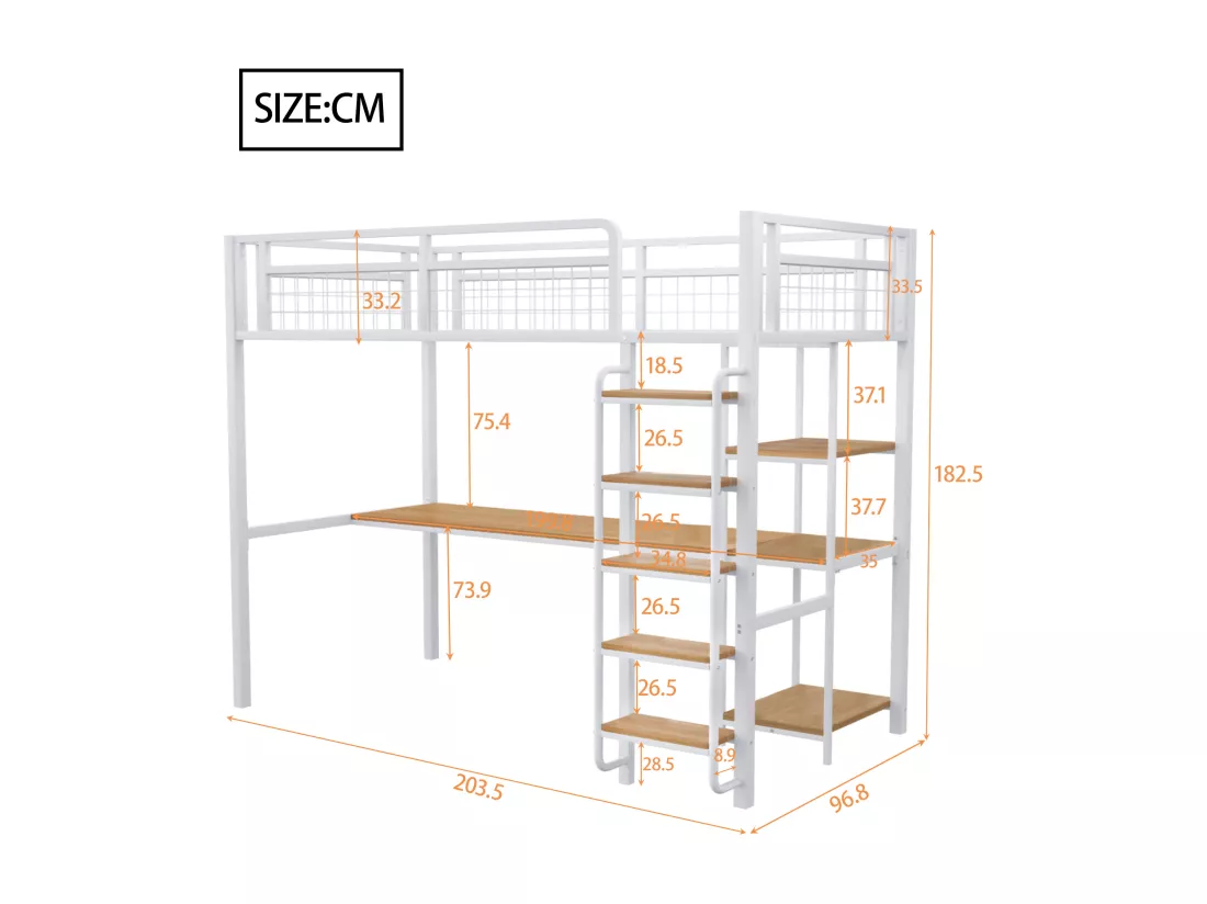 Lit mezzanine en métal 90x200 cm - avec bureau et échelle de sécurité - Blanc