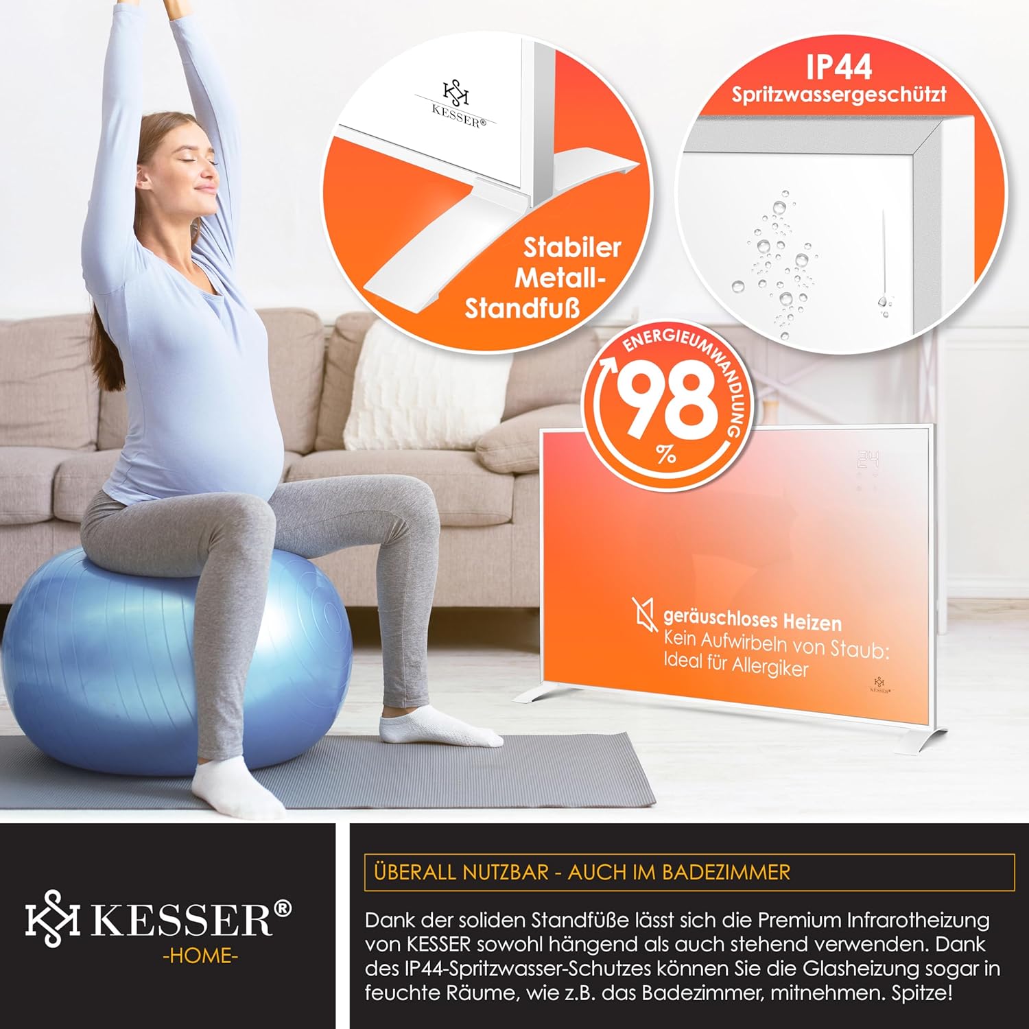 KESSER® Infrarotheizung Energiesparend Infrarot Standgerät & Wandmontage Elektroheizung 540W mit Fernbedienung Thermostat & App-Steuerung Elektrisch Heizpaneel Heizung Konvektor Standfüße