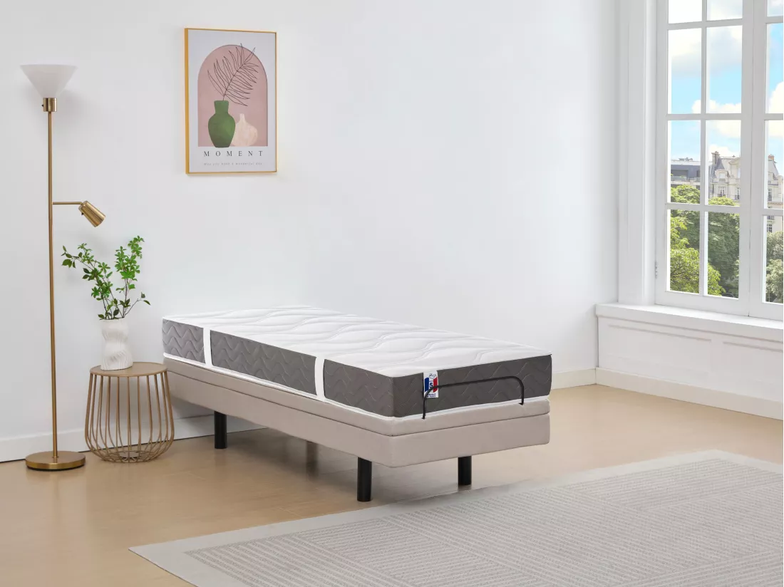Lit électrique de relaxation déco + matelas 100% latex 3 zones - 90 x 200 cm - Tissu - Beige - PANISOLA de YSMÉE