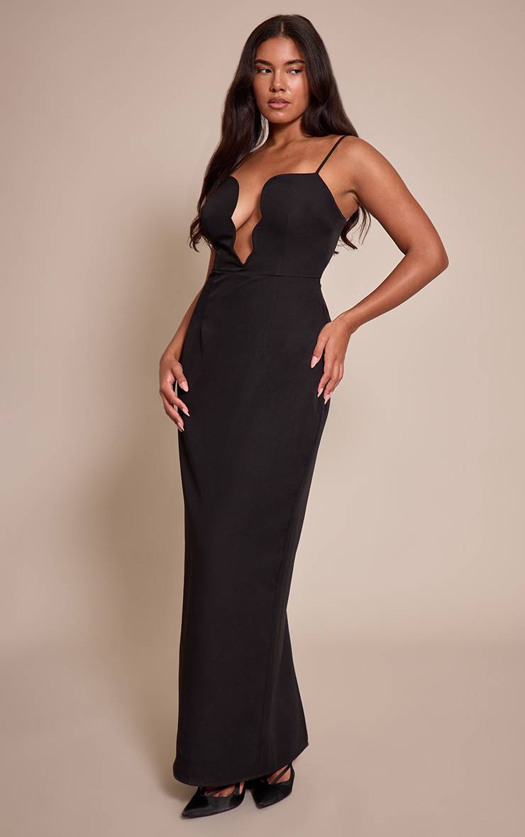 Noir Robe Maxi Moulante À Décolleté Plongeant Avec Bordure Ondulée