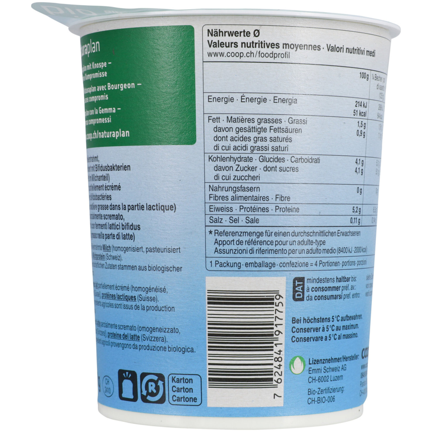 Naturaplan Bio Joghurt 1.5% Fett Bifidus Natur