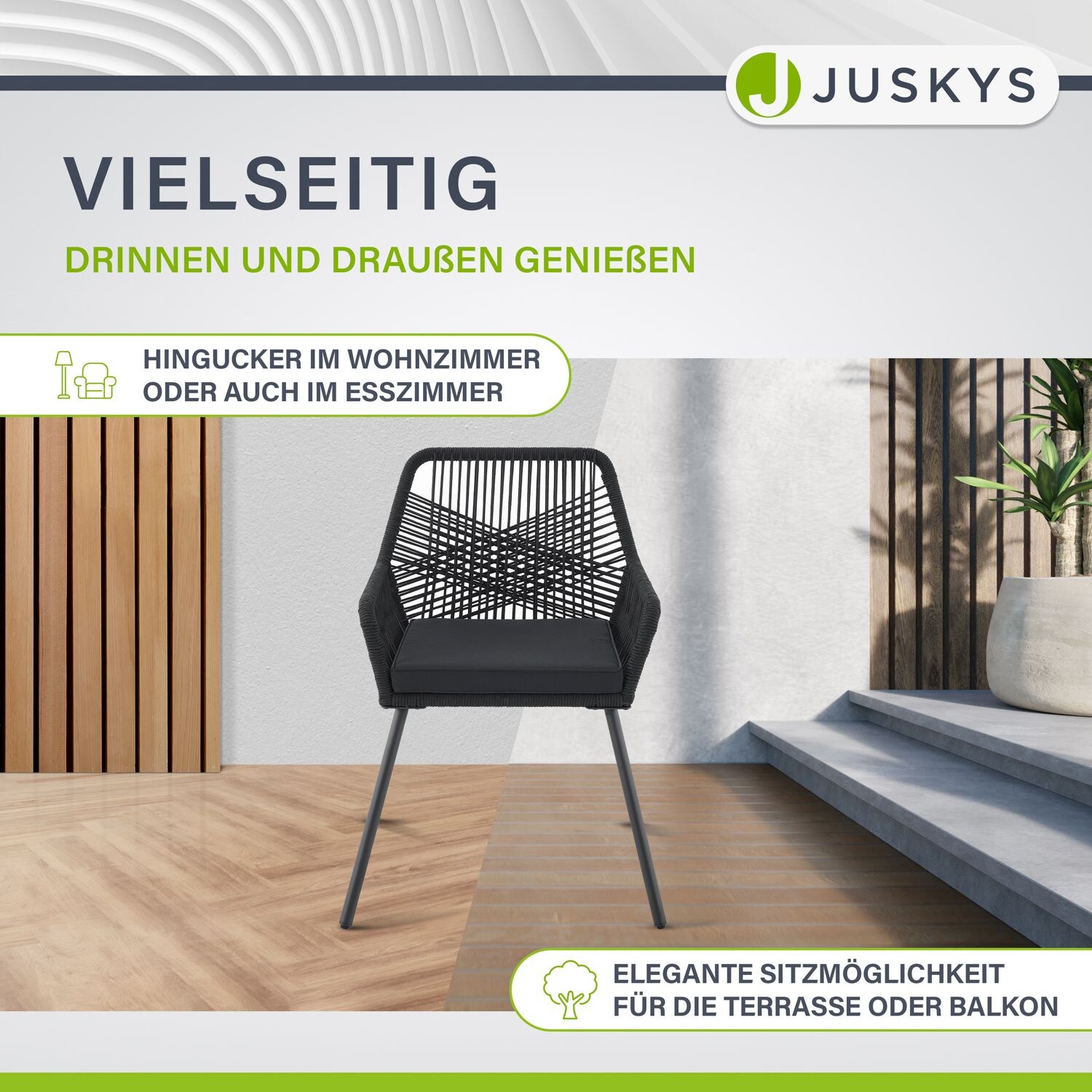 Juskys Rope Gartenstühle Kastos 2er Set - Outdoor Stuhl 150 kg belastbar - Gartenstuhl Schwarz