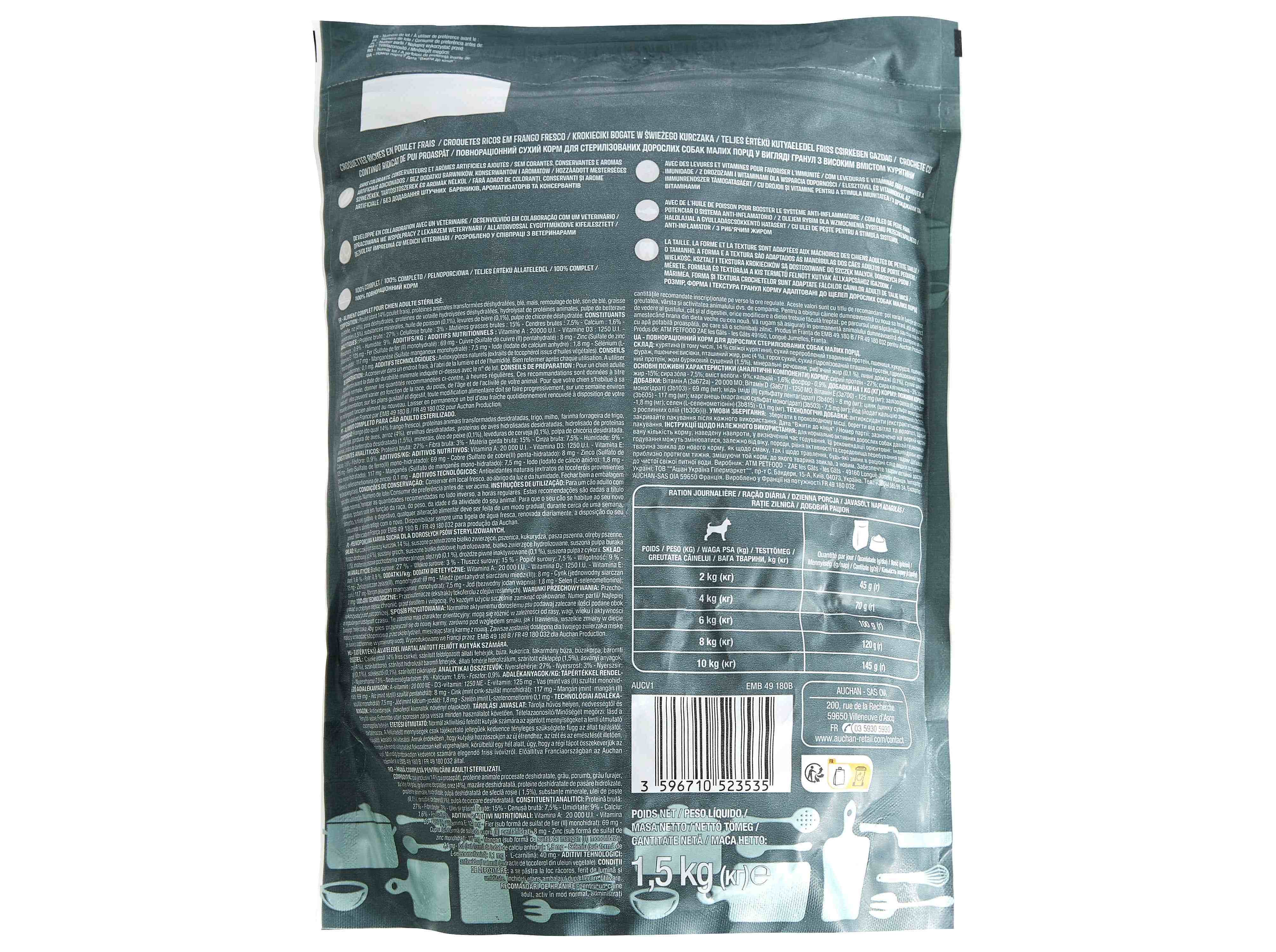 RAÇÃO PARA CÃO ESTERILIZADO AUCHAN RAÇA PEQUENA RICO EM FRANGO FRESCO 1.5KG