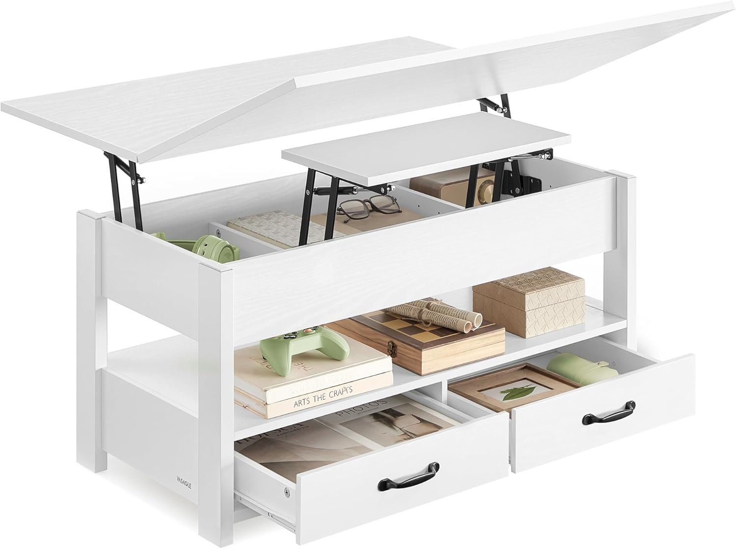 VASAGLE Couchtisch, höhenverstellbarer Wohnzimmertisch, Gaszylinder, 2 Schubladen und 3 Fächer unter der Tischplatte, Kaffeetisch, 1 offenes Fach, für Wohnzimmer, Homeoffice, schneeweiß LCT254W02