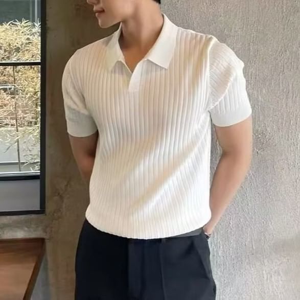 Double White - Poloshirt met korte mouwen en V-hals, effen geribbeld breisel