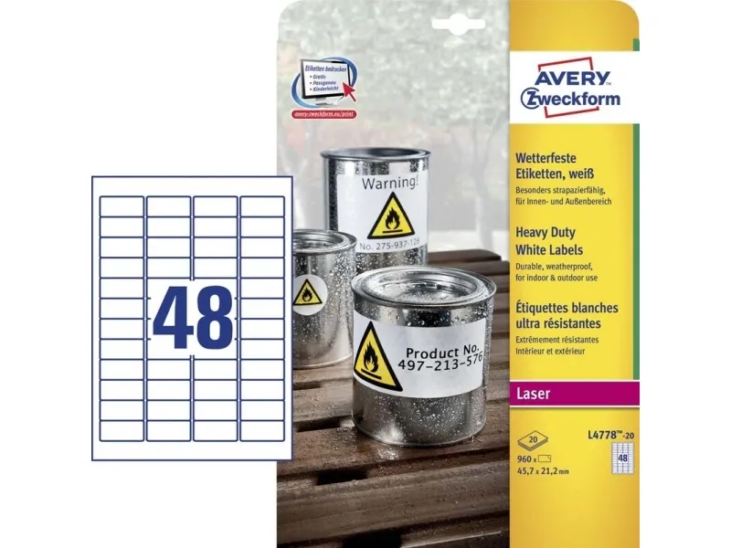 Etiketter Avery 45,7x21,2 mm hvid, holdbare, vandfaste - (20 ark x 48 stk.)