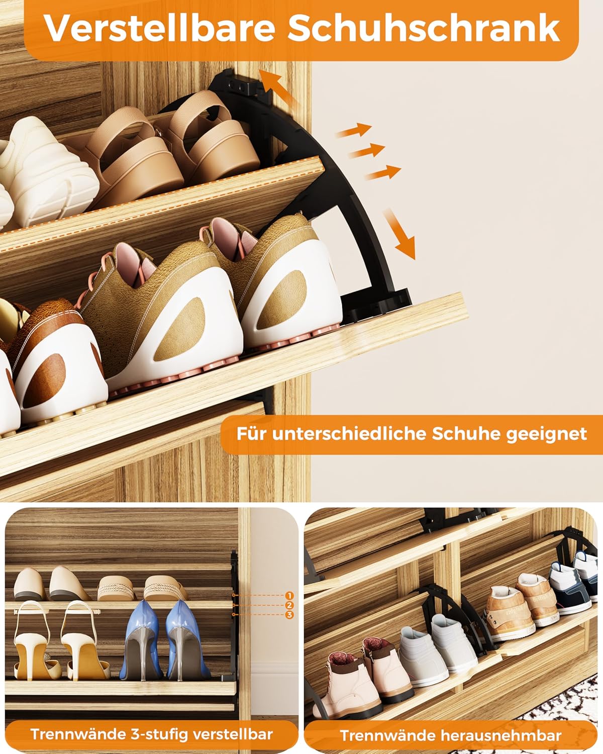 IRONCK Schuhschrank mit 4 Klappen, Schuhkipper Schmal mit 2 Schubladen, freistehendes Schuhregal, Schuhkommode mit verstellbaren Trennwände, Schuhablage Schrank für Flur Eingang und Wohnzimmer (Holz)