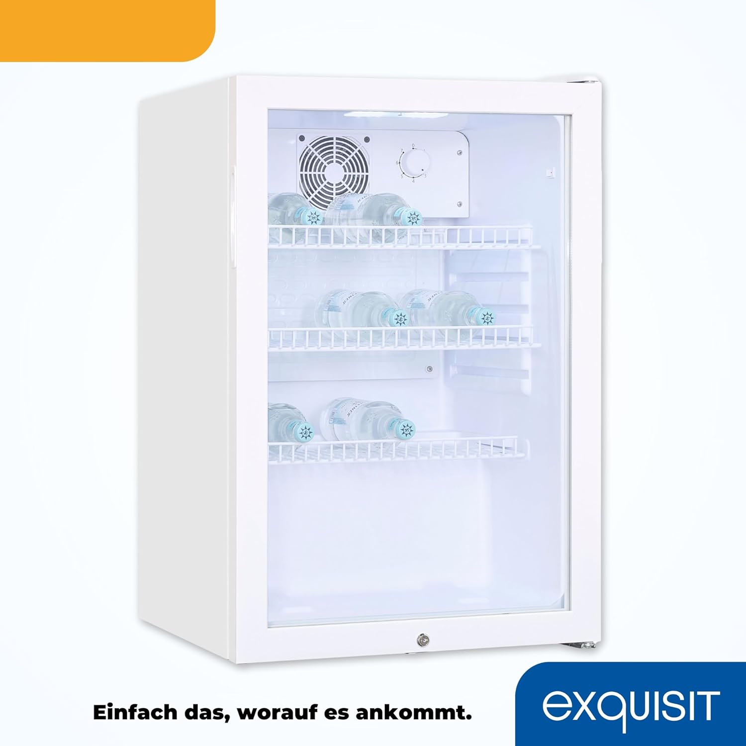 Exquisit Glastürkühlschrank GKS120-GT-160C weiss | Nutzinhalt: 118 L | Türschloss | 3 Gitterablagen | Umluftventilator | Standgerät