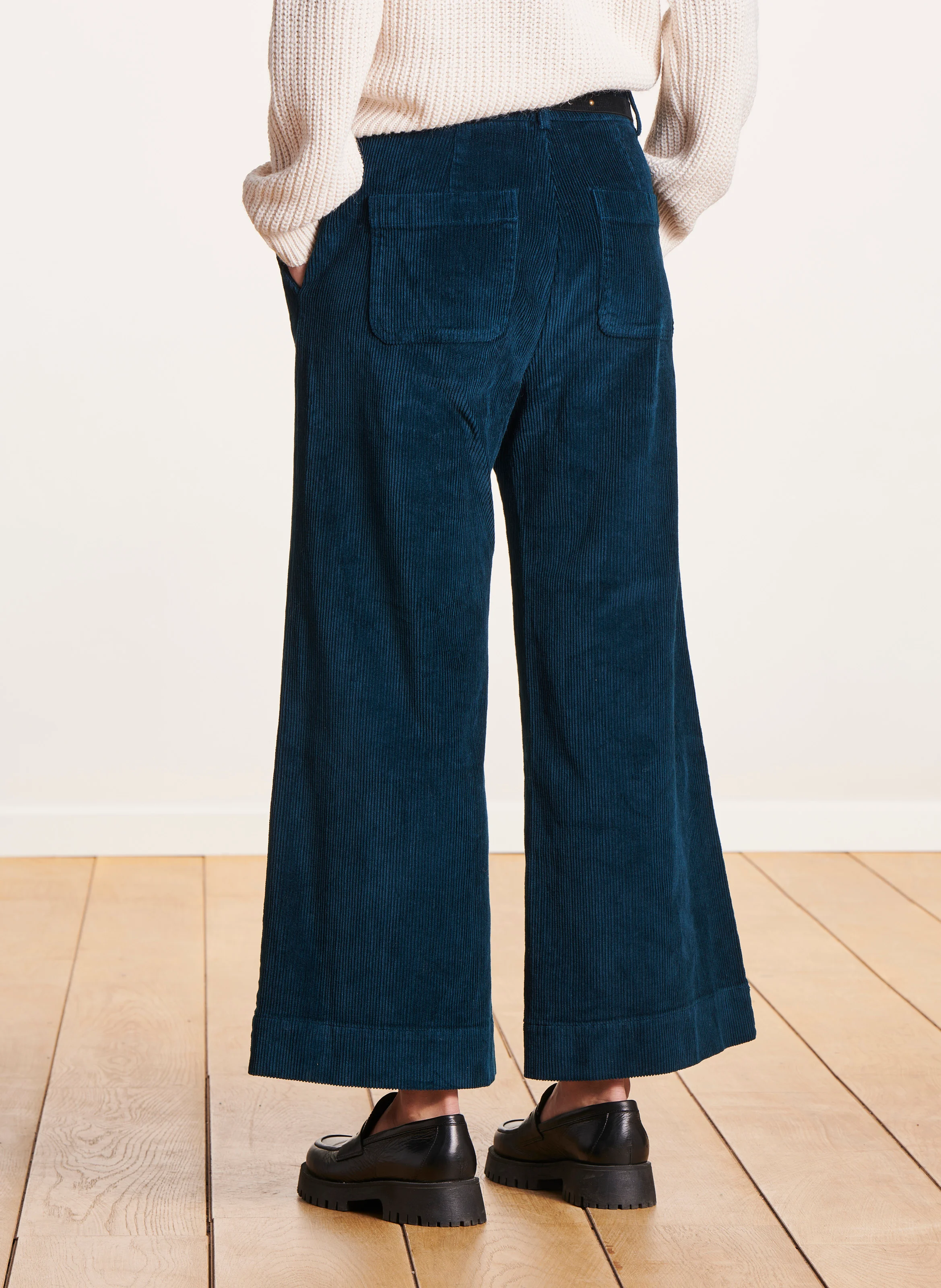Pantalon large taille haute en coton mélangé | Bleu