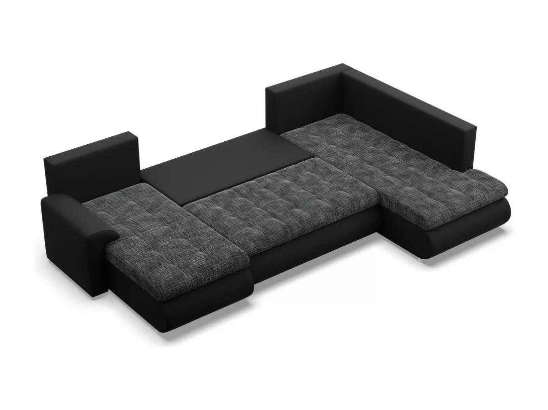 Canapé d'angle en U avec fonction sommeil, Ottoman, Noir + Noir