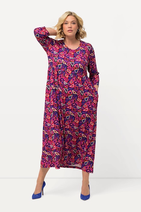 Jerseykleid, grafischer Druck, A-Linie, Rundhals, 3/4-Arm