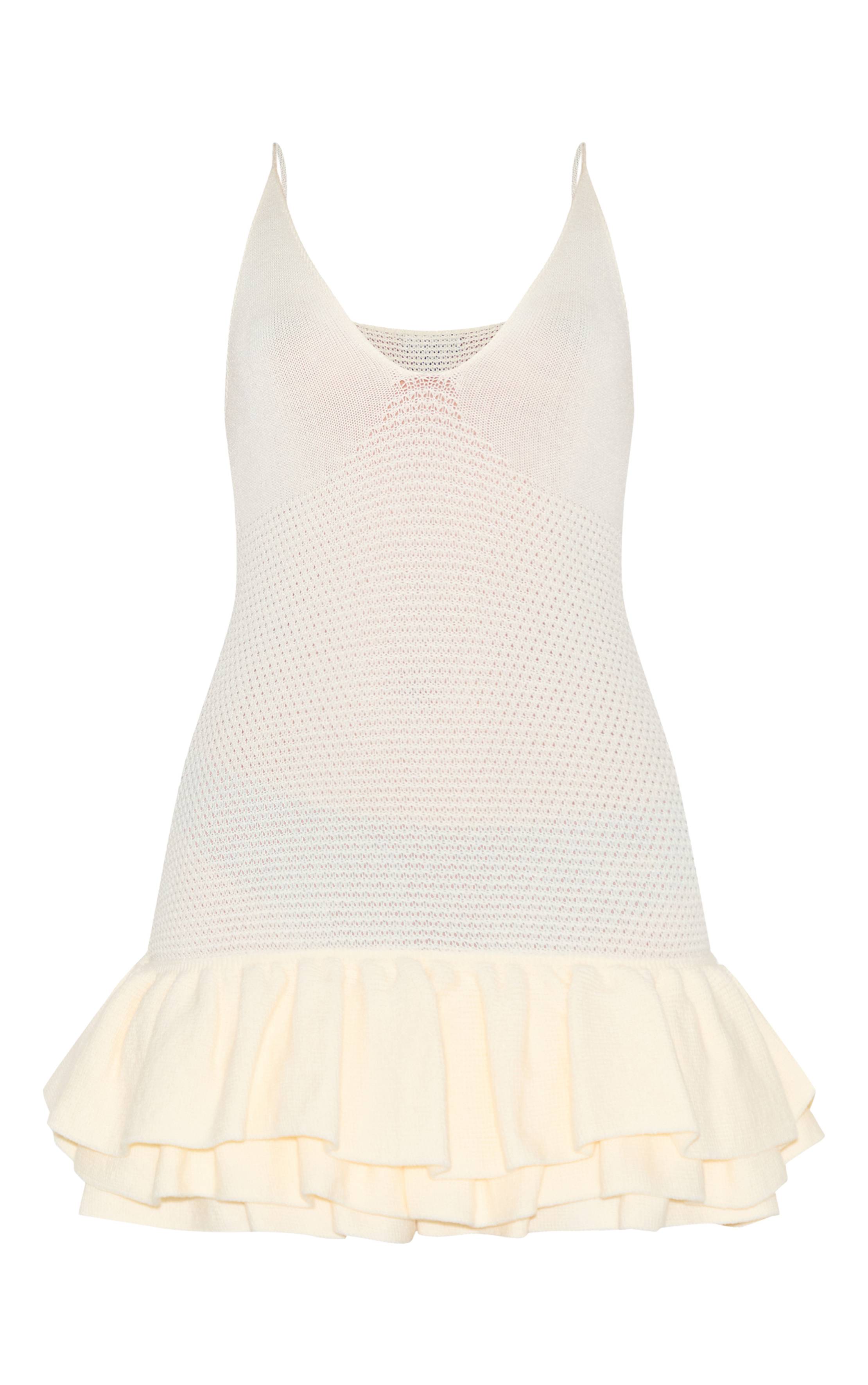 Crème Robe Mini Moulante À Bretelles En Maille Avec Ourlet À Volants