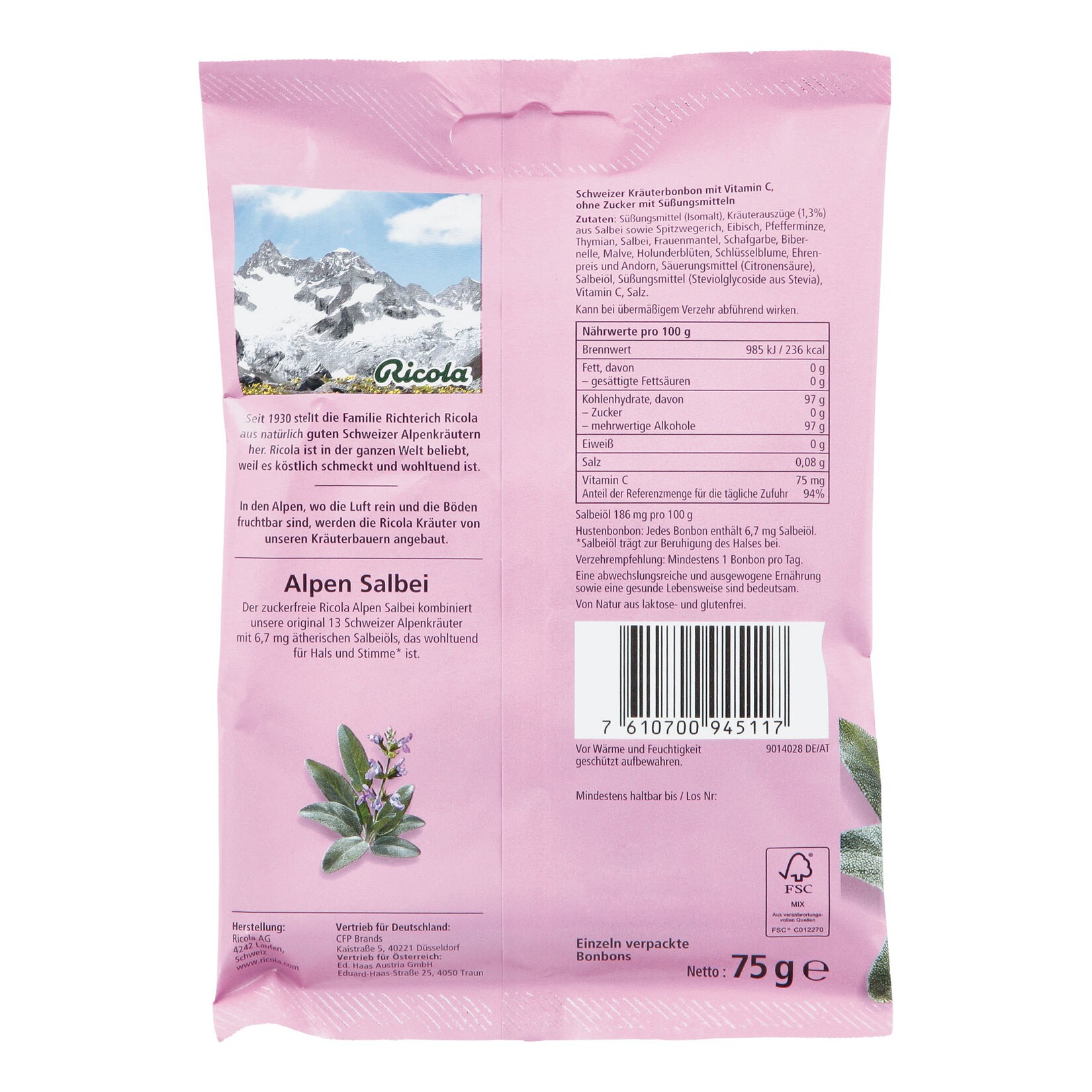 Ricola Bonbons Alpensalbei ohne Zucker 75 g, 18er Pack