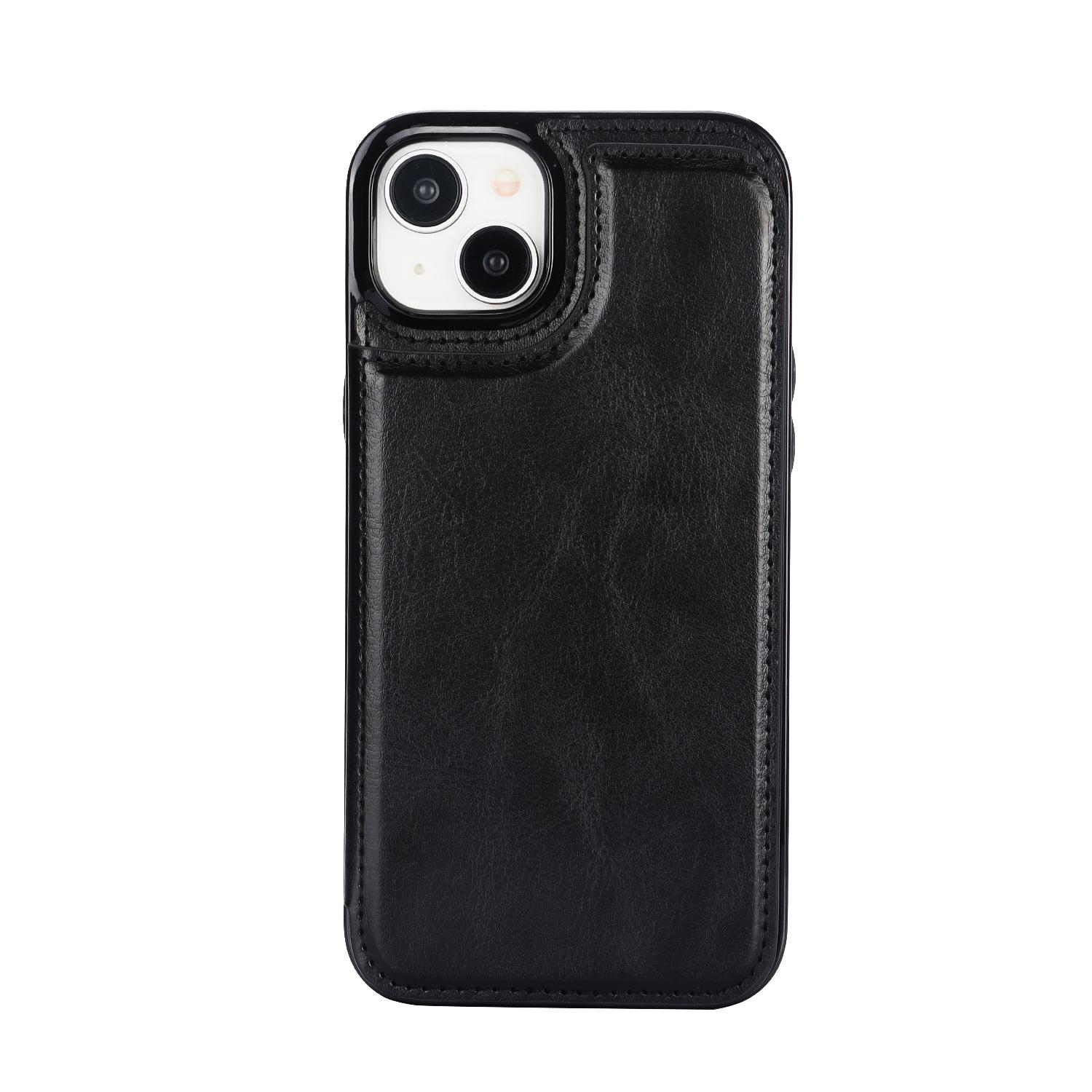 iPhone 15 Hybrid Leder Hülle mit Kartenfach   Kickstand Aufsteller - Schwarz