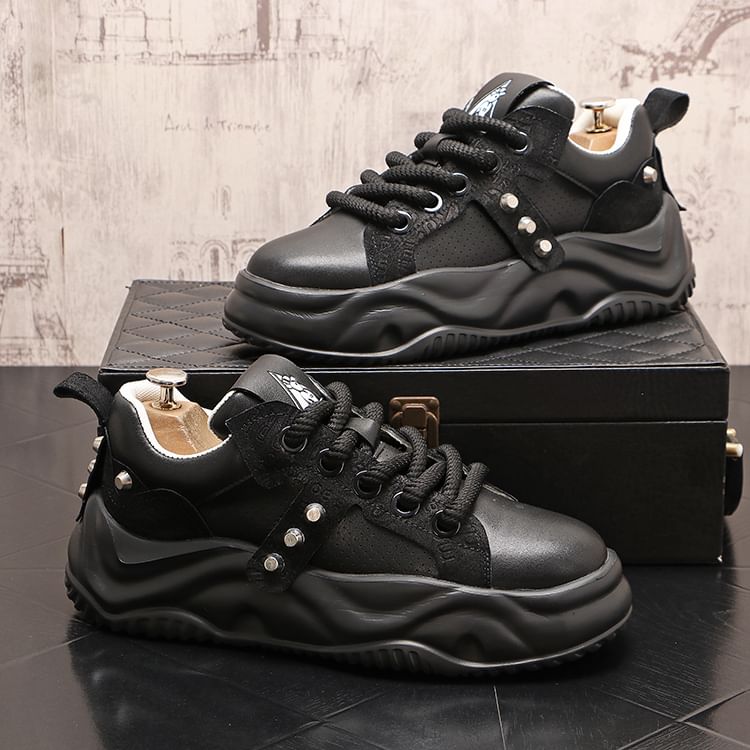 Mr Ozera - Platform Plain Studded Faux Leather Lace-Up Sneakers