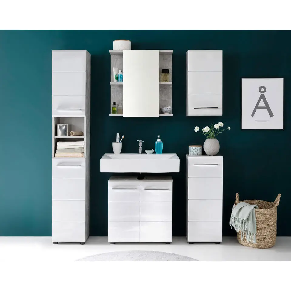 Hioshop NanoBad badkamerkast 1 deur- 1 legplank betonsteen decor- wit