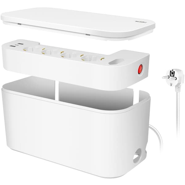 Kabelboks - Kabelskjuler med grenuttak + USB-A/USB-C lading Hvit