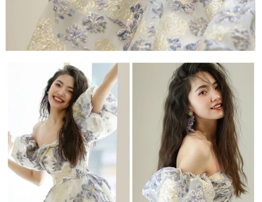 Saunderoll - A-lijn avondjurk met pofmouwen en off-shoulder bloemenjacquard