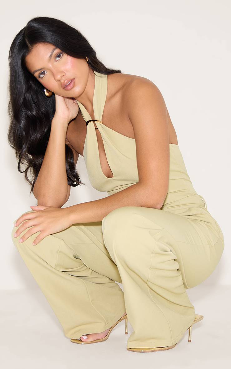 Beige Combinaison Pantalon Large Chocolat Col Licou Avec Finitions