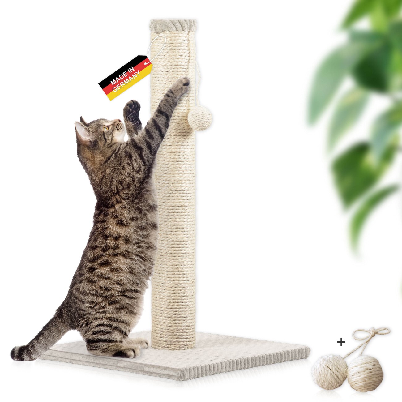 Rohrschneider ® Kratzbaum L, mit Katzenspielzeug, Bodenplatte mit Cordbezug beige 36 cm, 64 cm, 36 cm