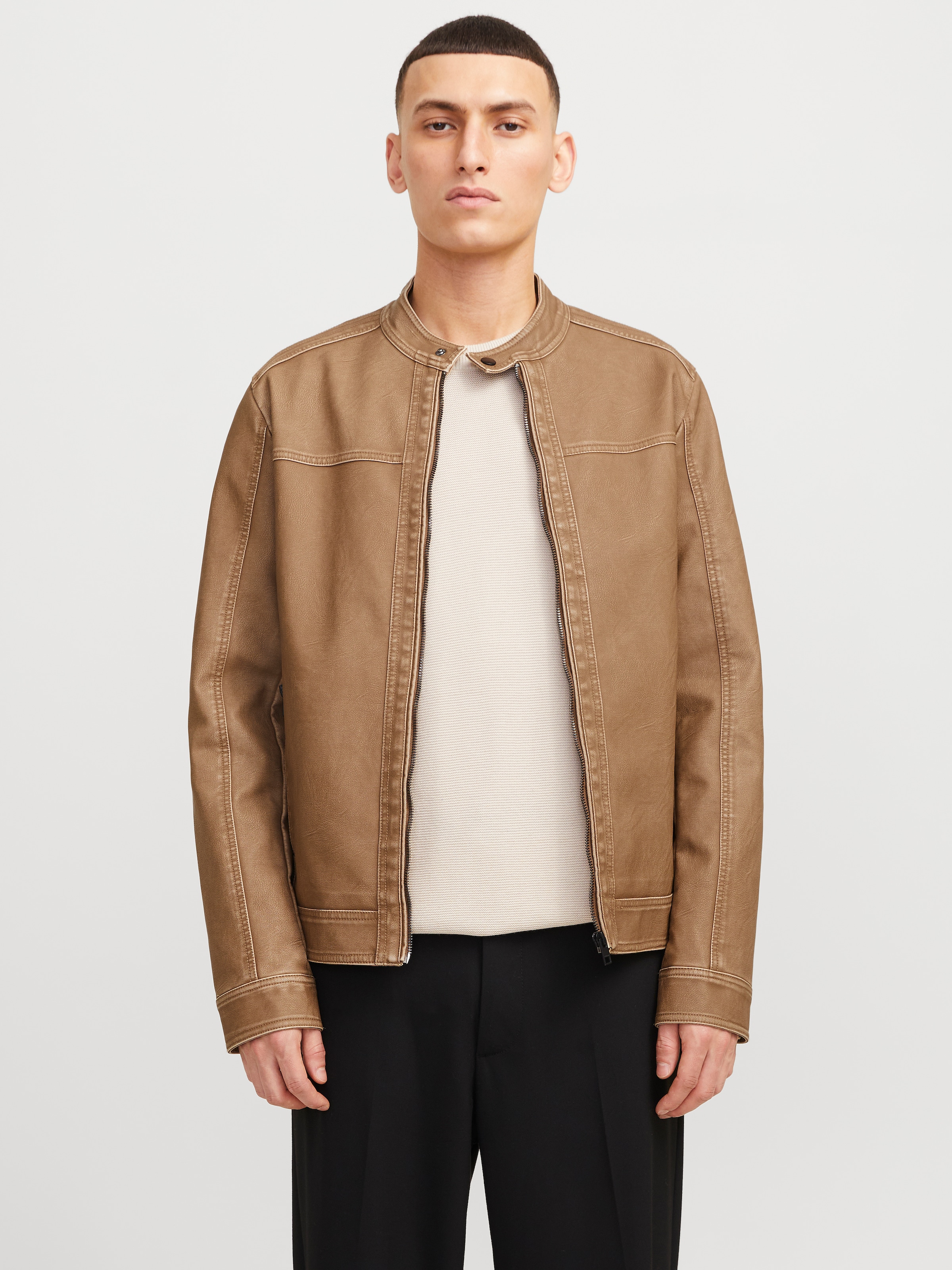 Jack & Jones Lederimitatjacke »JJEWARNER WASHED PU JACKET NOOS« ohne Kapuze mit Bandkragen