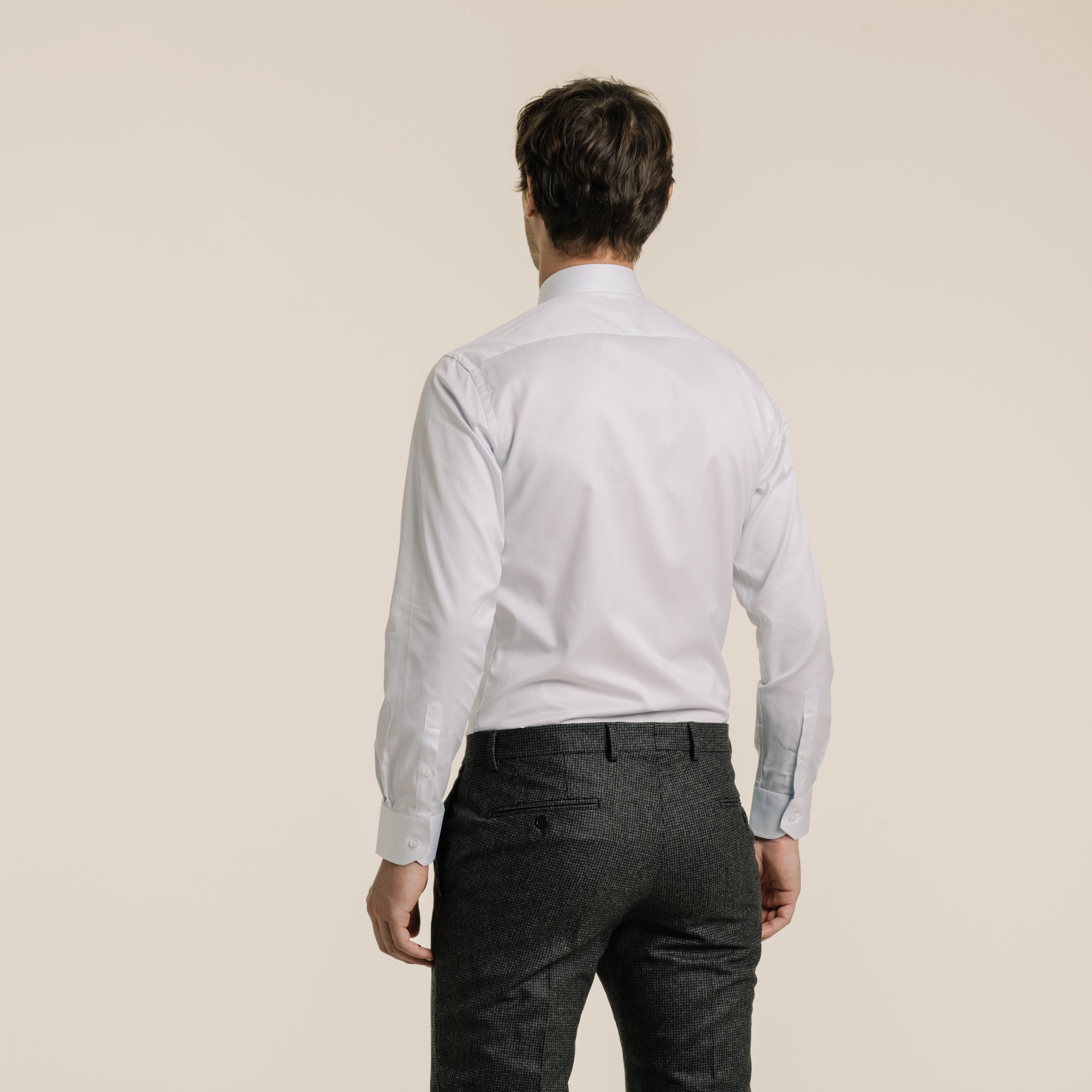 Double-twisted twill shirt with fine blue stripes