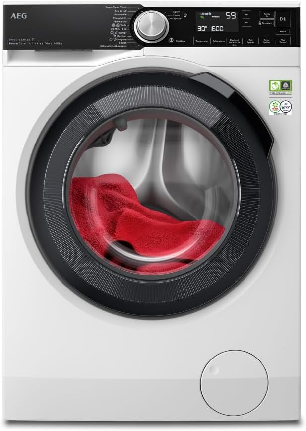 AEG Waschmaschine, PowerCare: Vormisch-Technologie 8kg-in-59Min Waschen, 10 kg, Mengenautomatik, WiFi, Nachlege- & Auffrischfunktion, Wasserstopp, 1600 U/min, Leise, Frontlader, LR8E80600