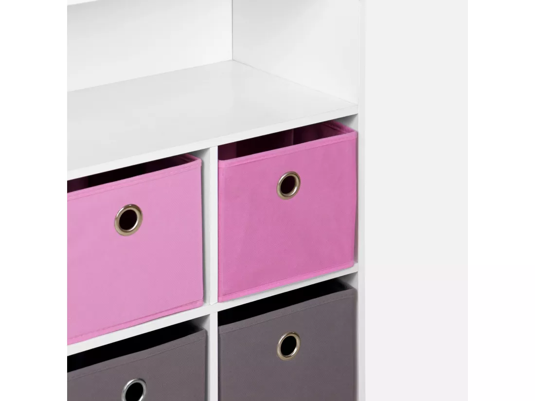 Meuble de rangement pour enfant. blanc - Camille - avec 7 compartiments et 6 paniers gris et roses