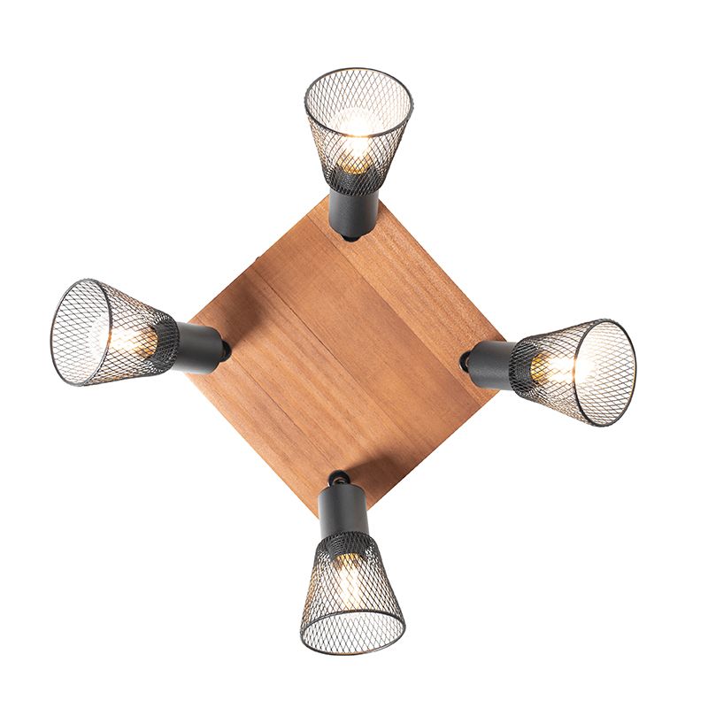 Industriële spot zwart met hout 4-lichts - Kristina