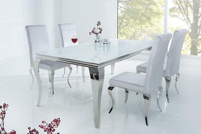 Barock - Eettafel - Wit Glas - 180 cm - Gepolijst Edelstaal