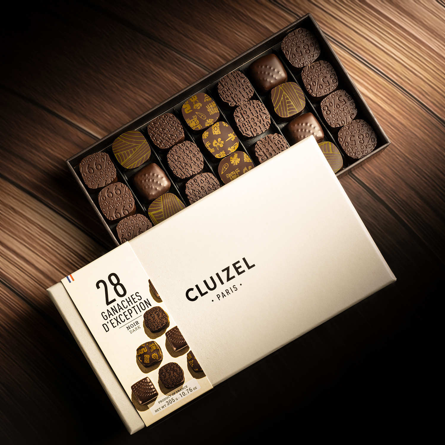 Coffret 28 ganaches chocolat noir de plantation Cluizel
