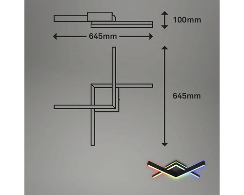 Dimbare LED-plafondlamp, 2 x 9 W, 1000 lm, 2700 K-6500 K CCT RGB, 64,5 x 64,5 cm, zwart, met nachtlampfunctie, geheugenfunctie en afstandsbediening.