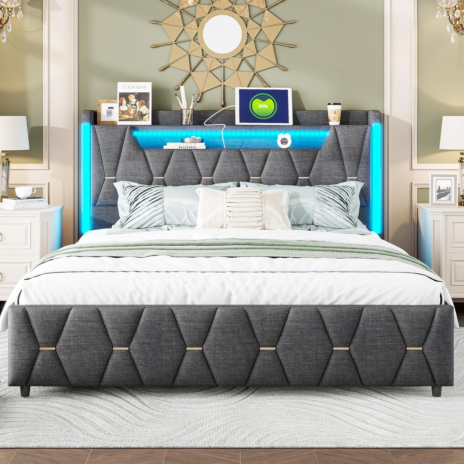 Gepolstertes Doppelbett 160x200cm, Funktionaler Bettrahmen mit LED-Beleuchtung, 4 Staufächern, Stauraum-Kopfteil, 1x Typ-C/2x USB Ladestation, Holzlattenrost, Leinen-Bettgestell, Grau