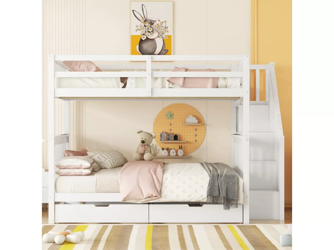 Lits superposés 2 x 140 x 200 cm pour enfant - étagère d'escalier + 2 tiroirs - bois MDF - Blanc