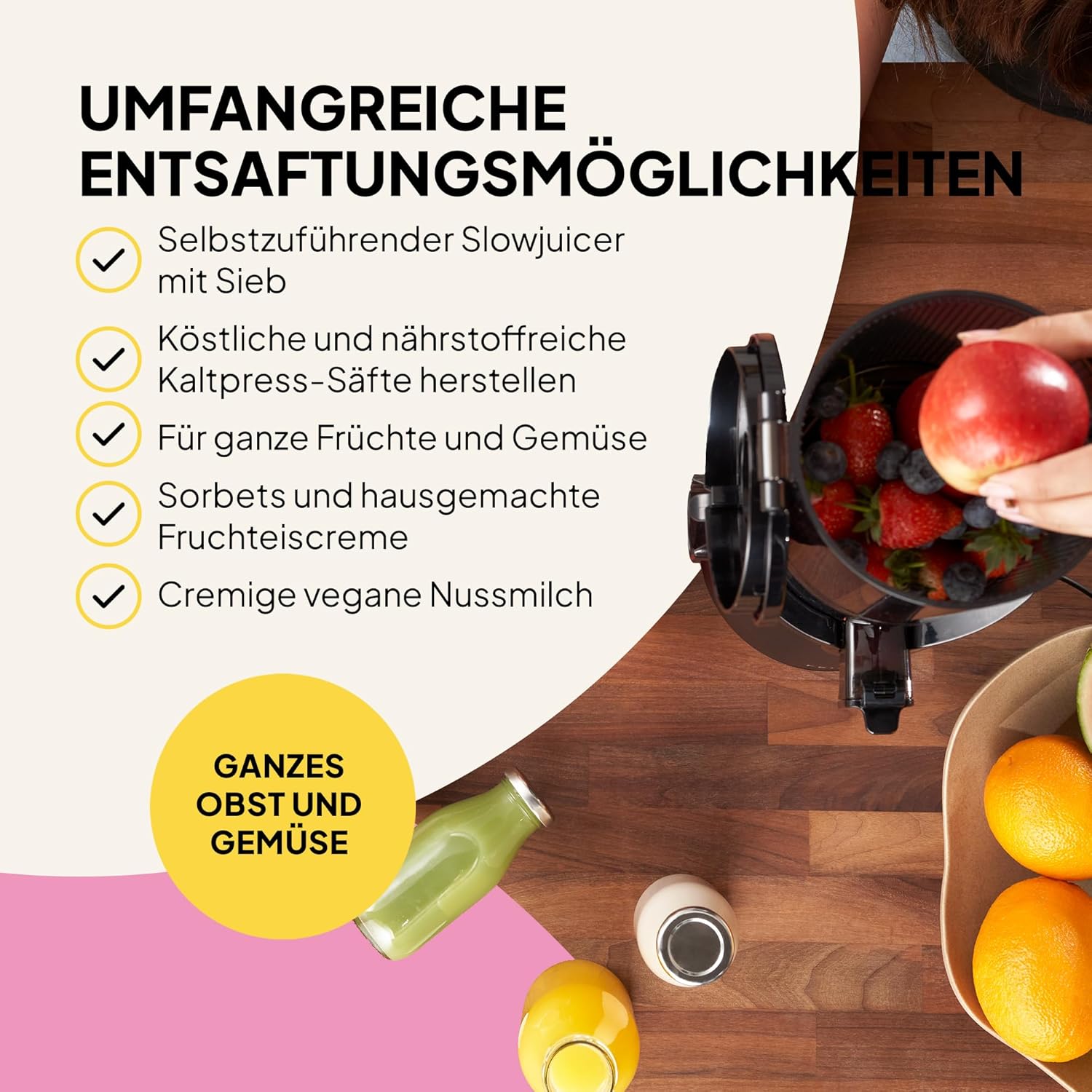 Entsafter Gemüse und Obst – Fruchtsaftpresse Elektrisch Slow Juicer – Saftpresse für ganze Früchte mit 135mm Öffnung und Rückwärts-Kau-Funktion, 250W, Spülmaschinenfest, BPA-Frei, Schwarz