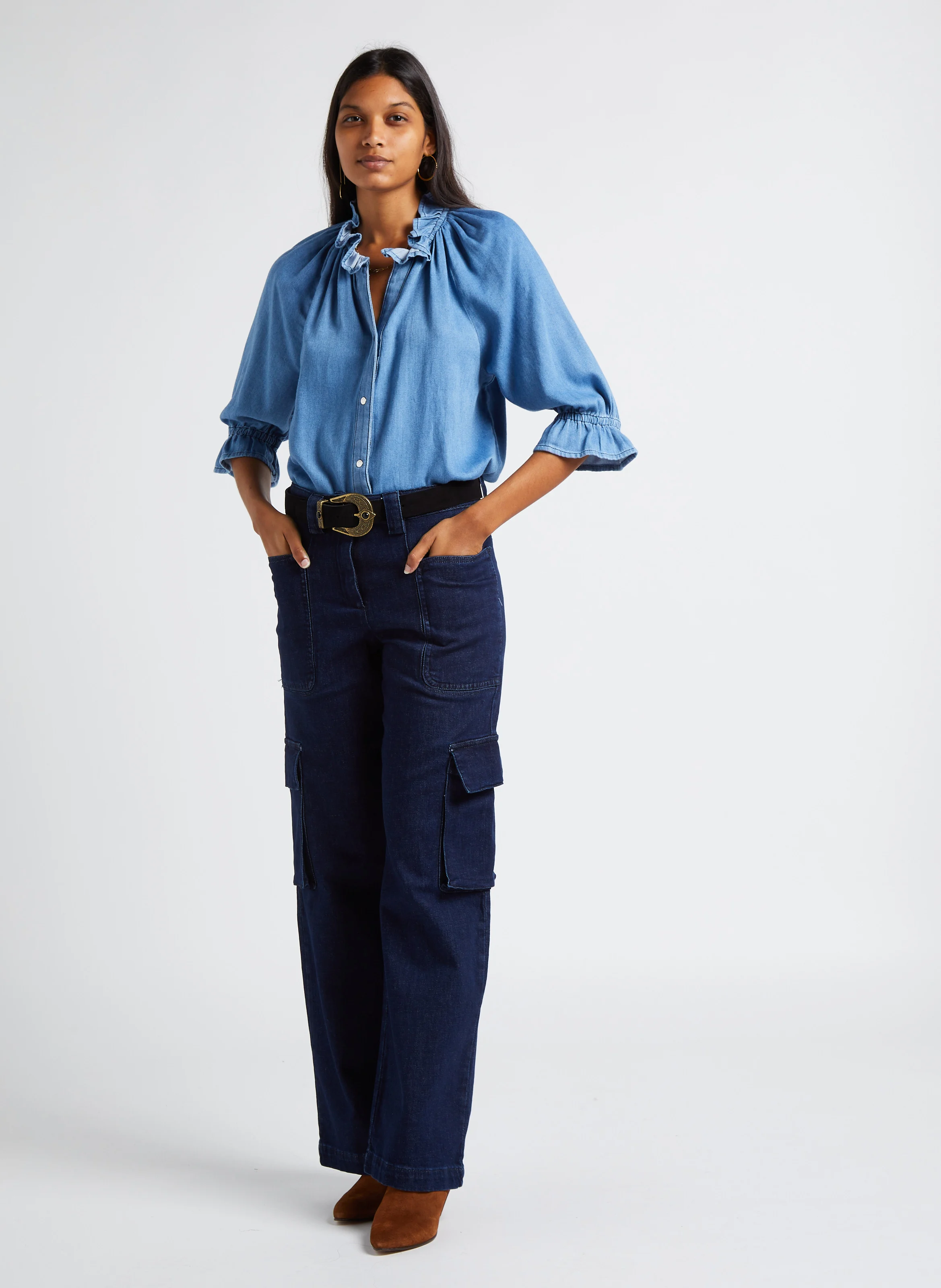 DRACO - Chemise droite col classique volanté en coton | Bleu