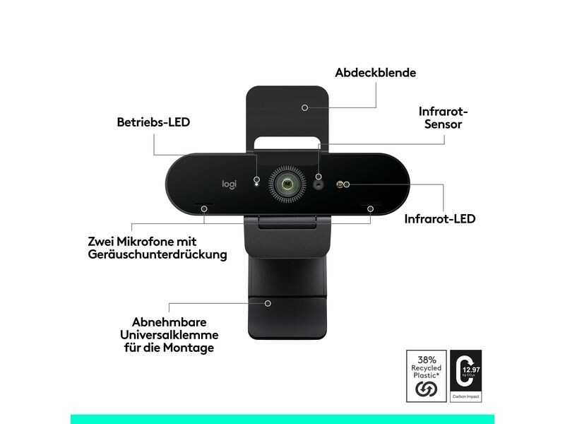 Logitech Webcam Brio 4K Ultra HD graphite Professionelle USB-Webcam mit 4K UHD, HDR und Windows Hello-Unterstützung