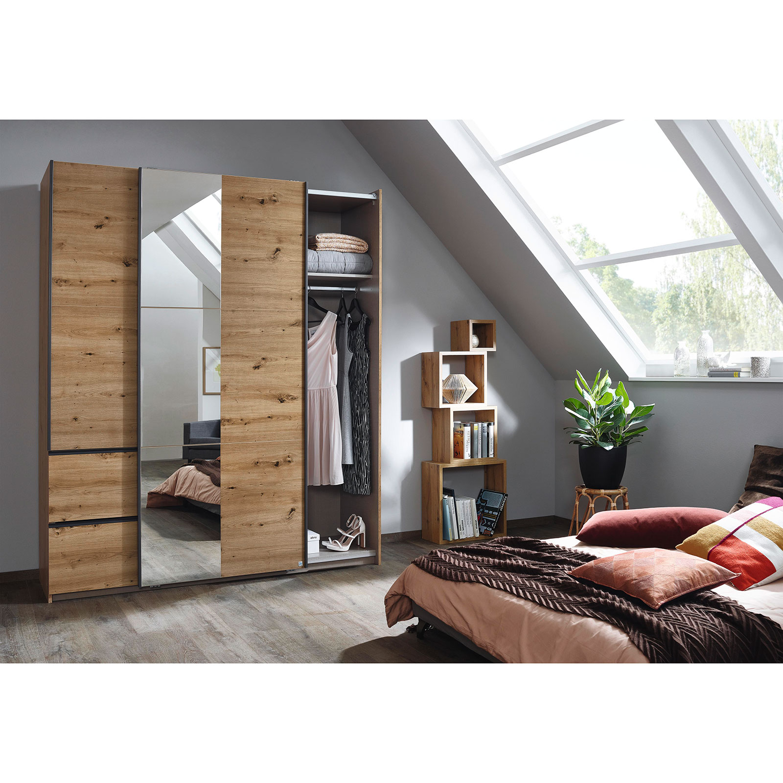 Schwebetürenschrank - Eiche Artisan - mit Spiegel - 175 cm