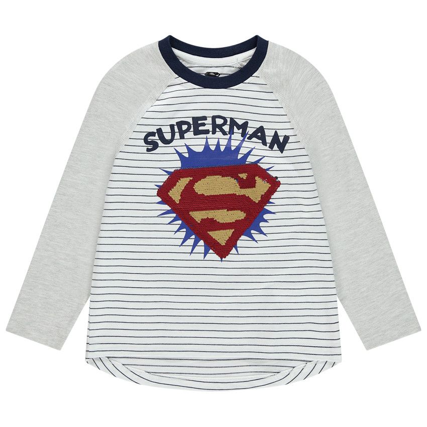 T-shirt manches longues à rayures et logo Superman en sequins magiques - Gris chiné