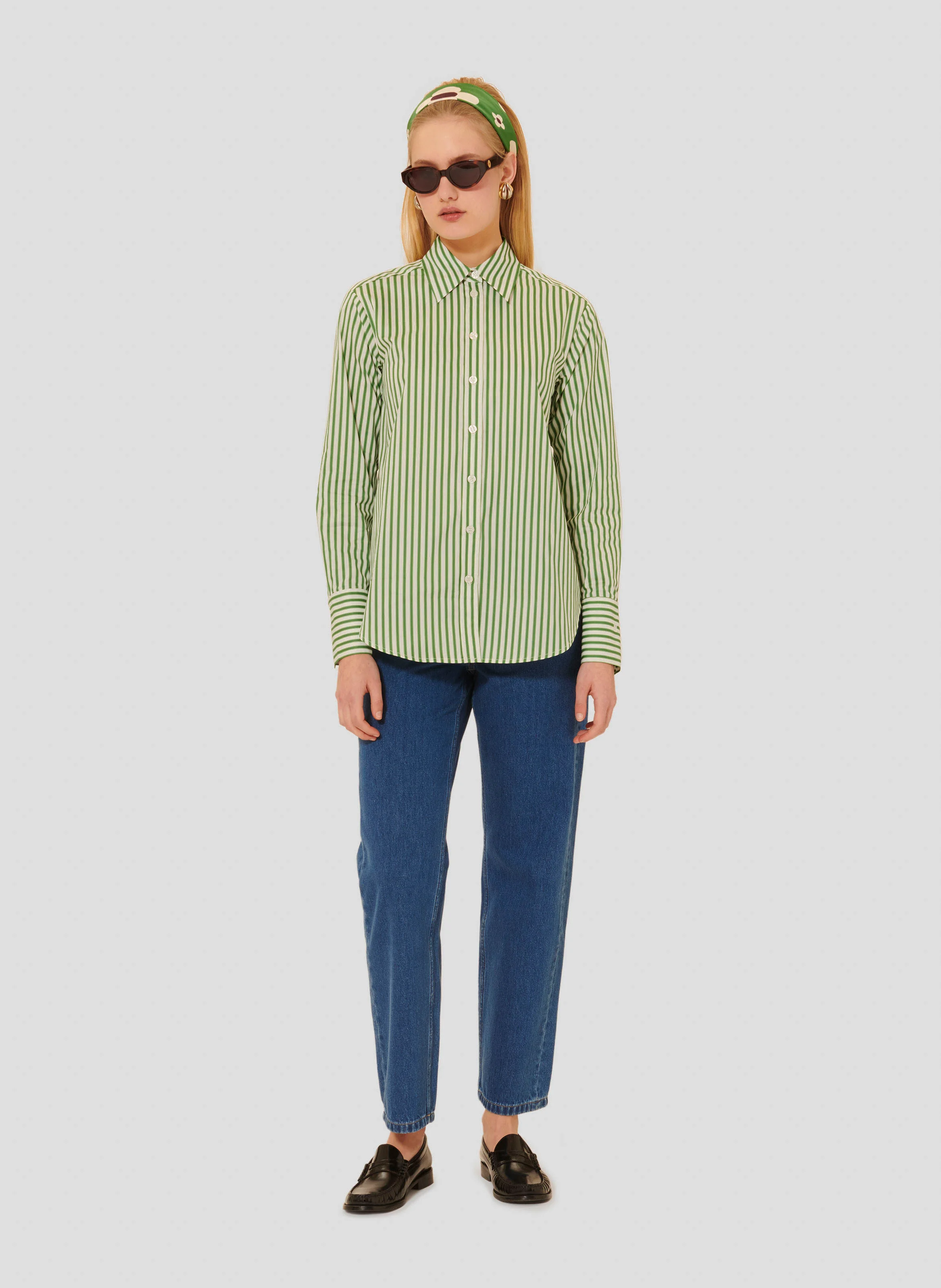 CLARISSE - Chemise droite en coton rayé | Vert