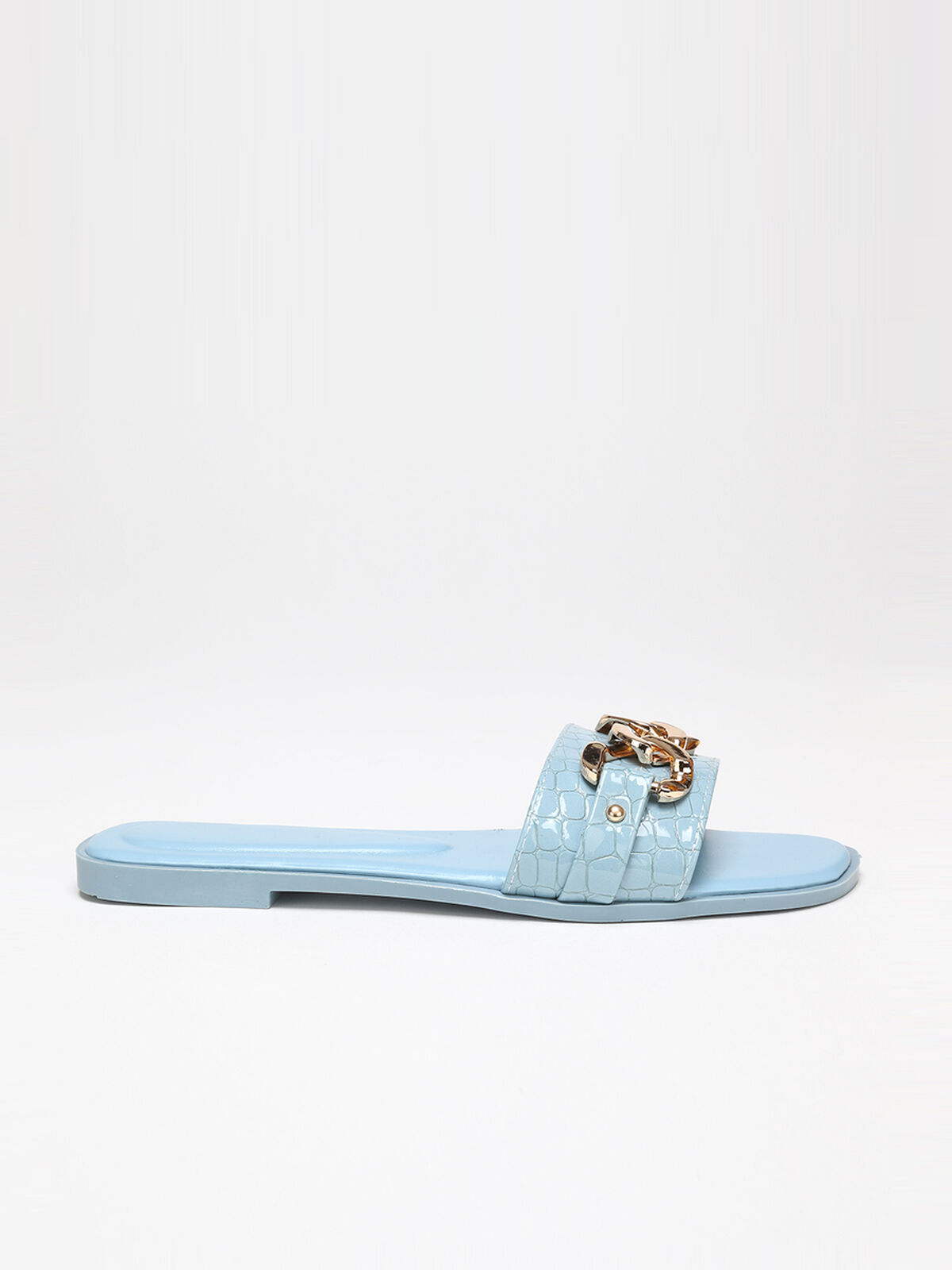 Mules effet croco et chaîne- Bleu