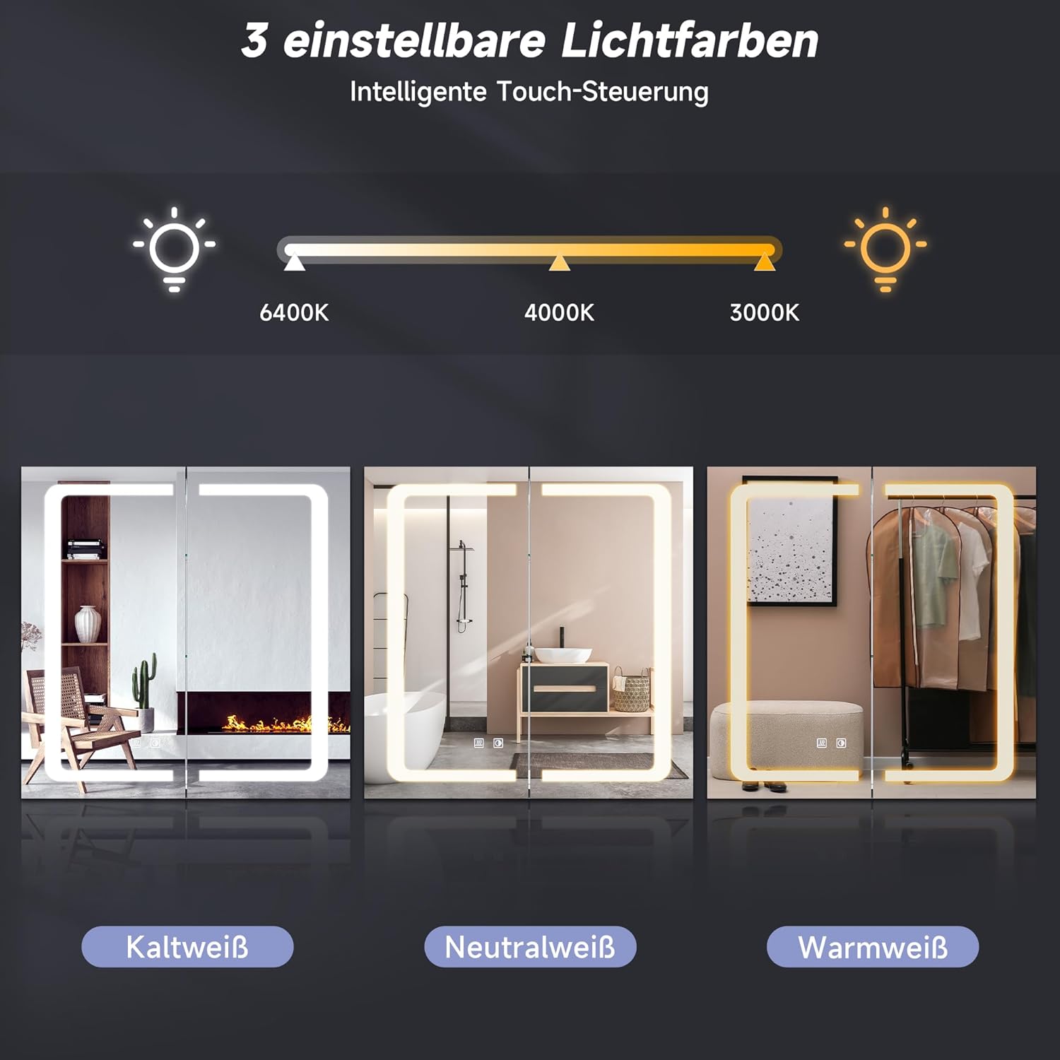 SONNI Spiegelschrank Bad mit Beleuchtung 65 cm breit, IP44, 3 einstellbare Lichtfarbe, doppeltürig Aluminium beschlagfrei Badezimmer spiegelschrank mit Steckdose, Kabelloses Scharnier