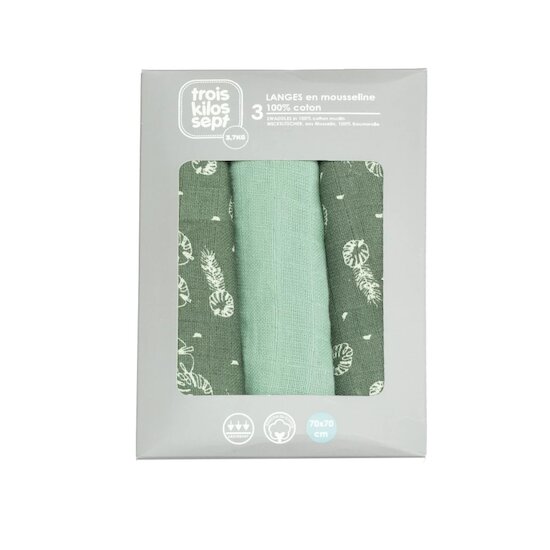 Lot de 3 langes bébé   Feuilles        70 x 70 cm   de               Trois Kilos Sept